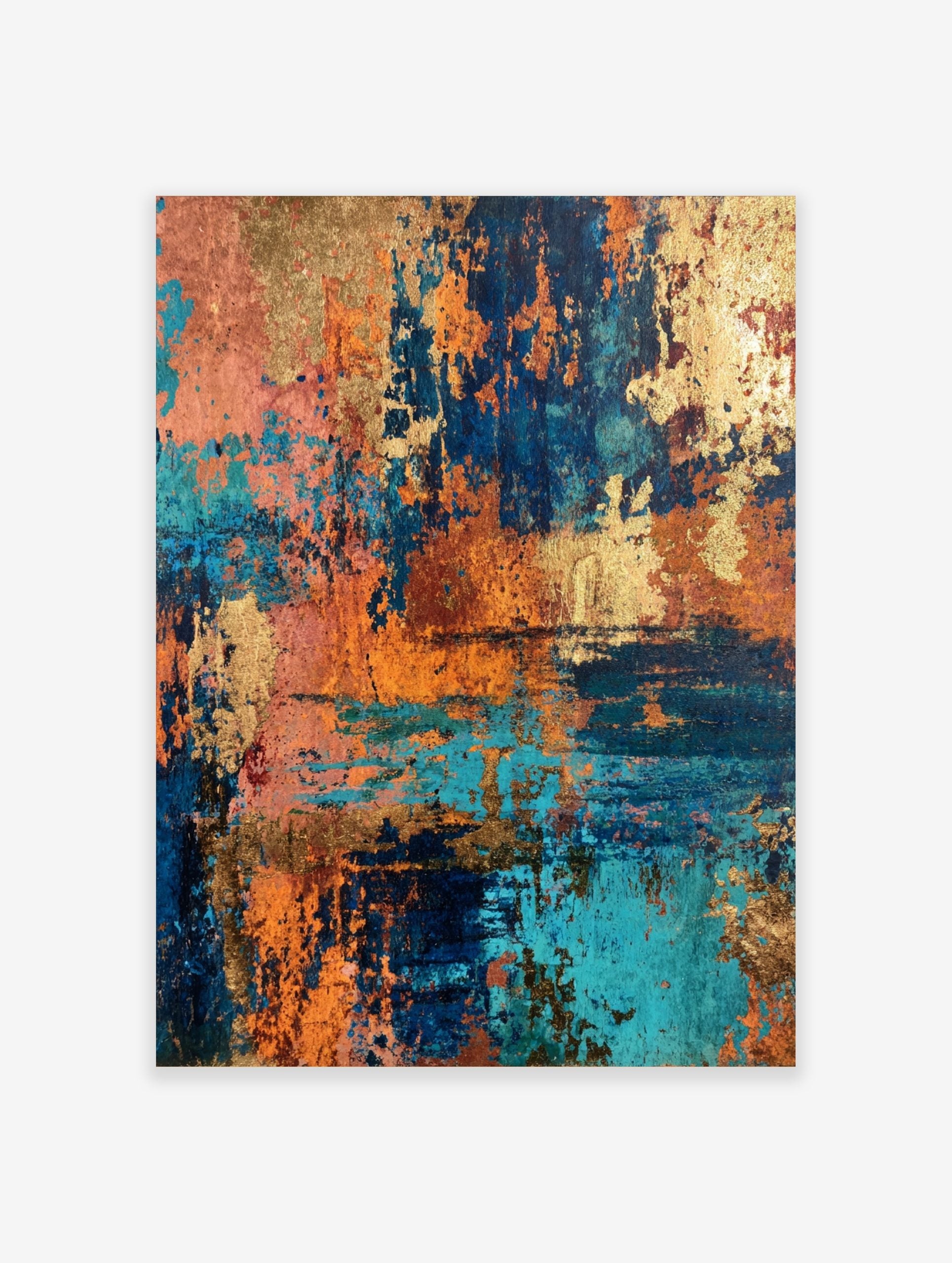 Abstract textured wall art with metallic gold, deep teal, and burnt orange colours, resembling distressed surface