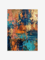 Abstract textured wall art with metallic gold, deep teal, and burnt orange colours, resembling distressed surface