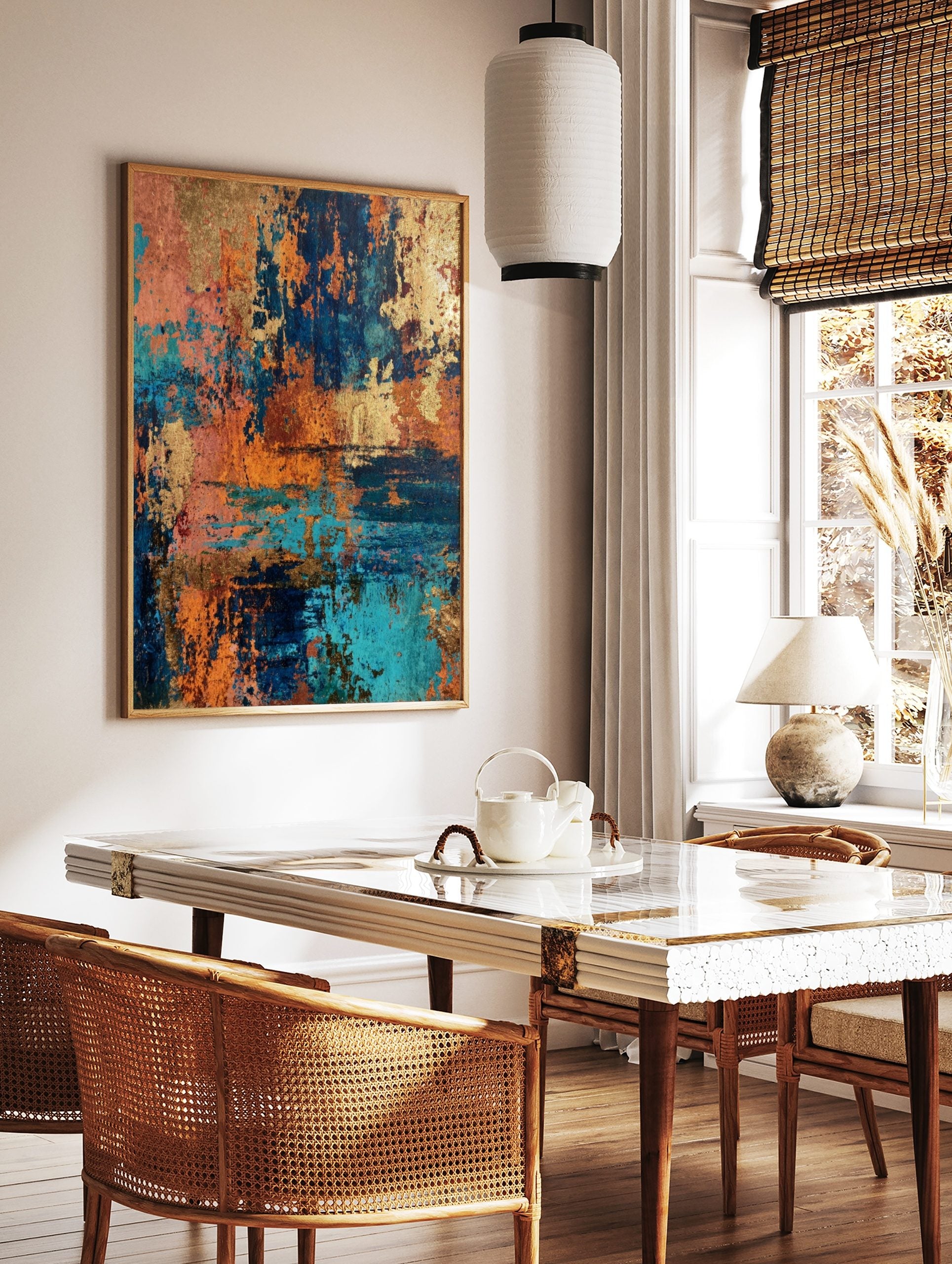Abstract textured wall art with metallic gold, deep teal, and burnt orange colours, resembling, in a styled room mockup