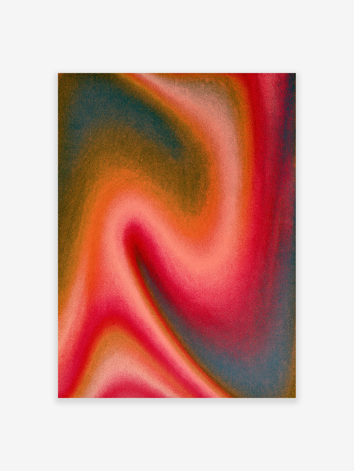 Abstract gradient art print with fluid waves of red, orange, and teal colours on a grainy background