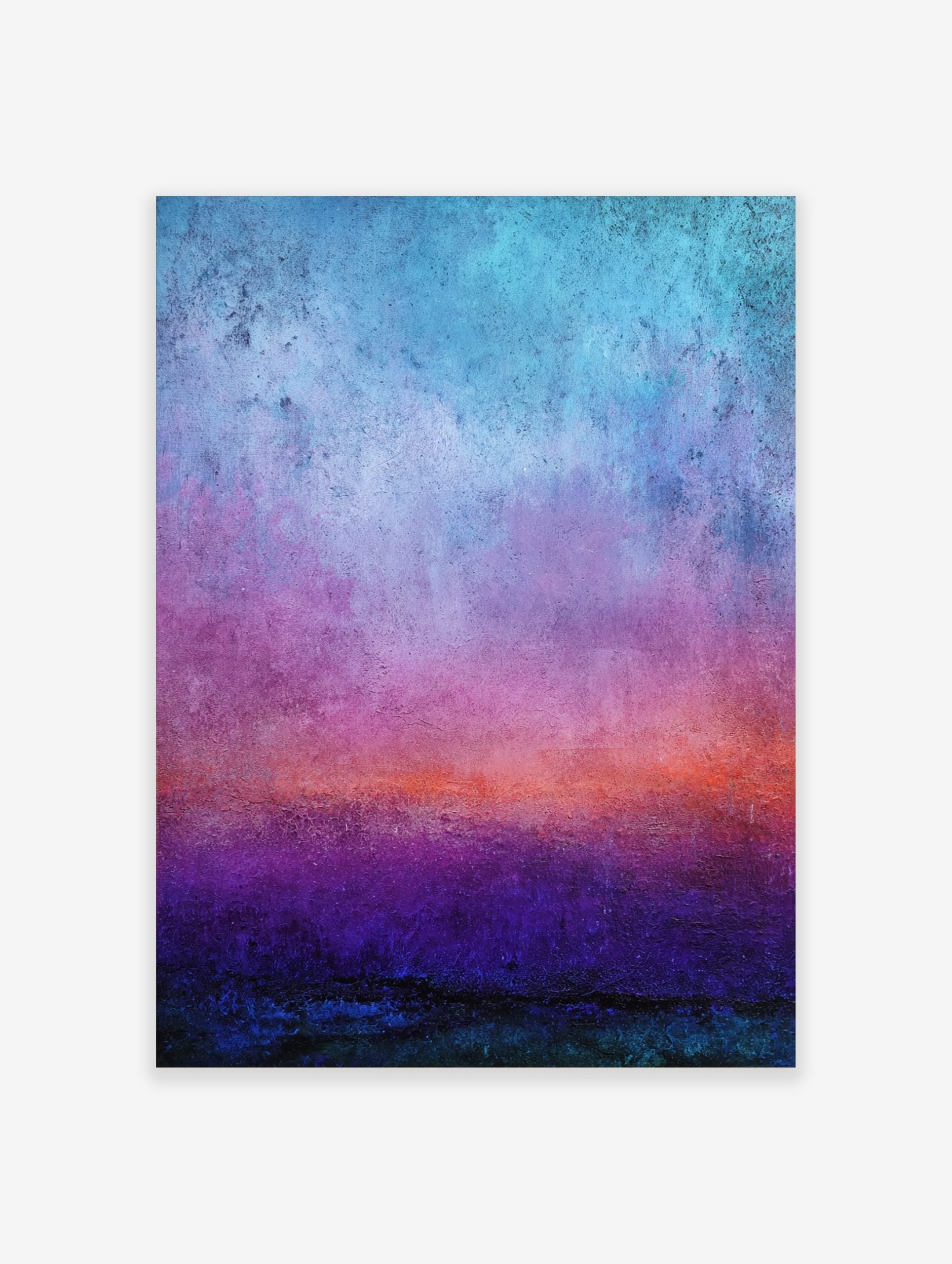 Abstract gradient art print with textured bands of blue, purple, orange, and deep teal colours, creating an atmospheric