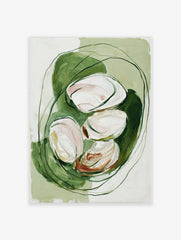 Abstract painterly art print with white and blush organic shapes nestled in green brushstrokes and dark lines