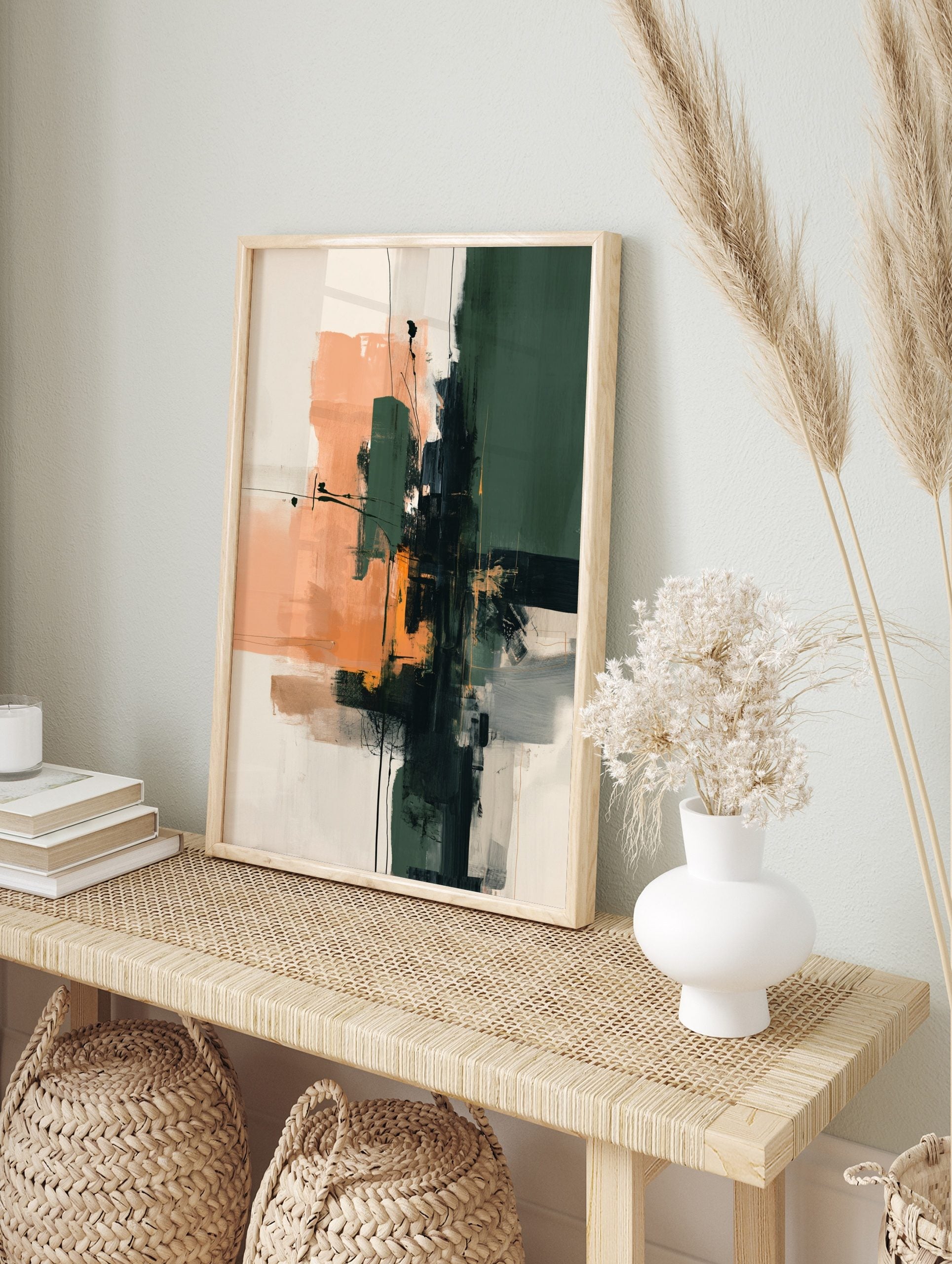 Abstract art print with vertical green and black blocks, horizontal peach and beige strokes, in an alternate framed mockup
