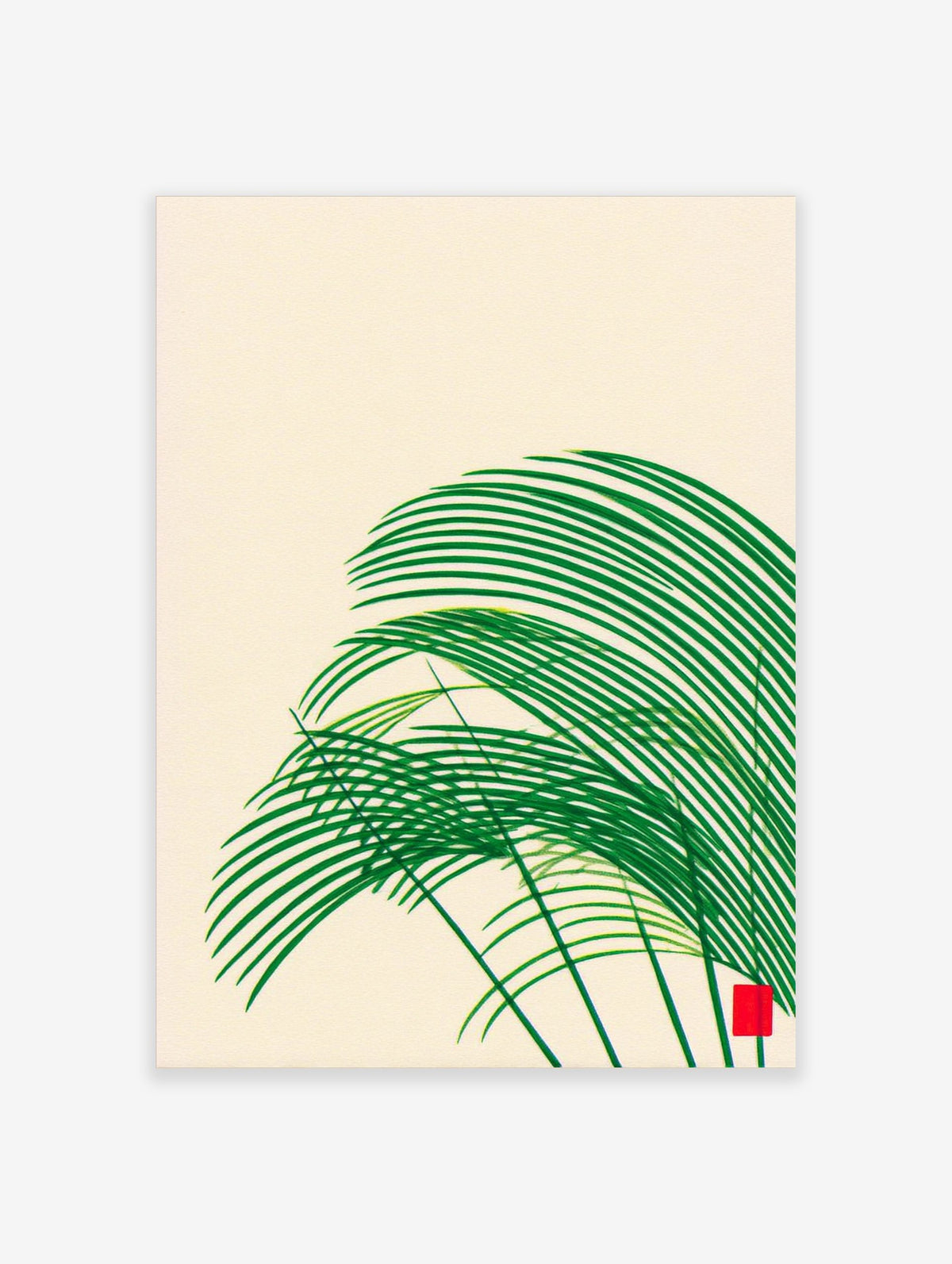 Abstract green grass-like shapes with sweeping curves and a small red square on a cream background