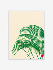 Abstract green grass-like shapes with sweeping curves and a small red square on a cream background