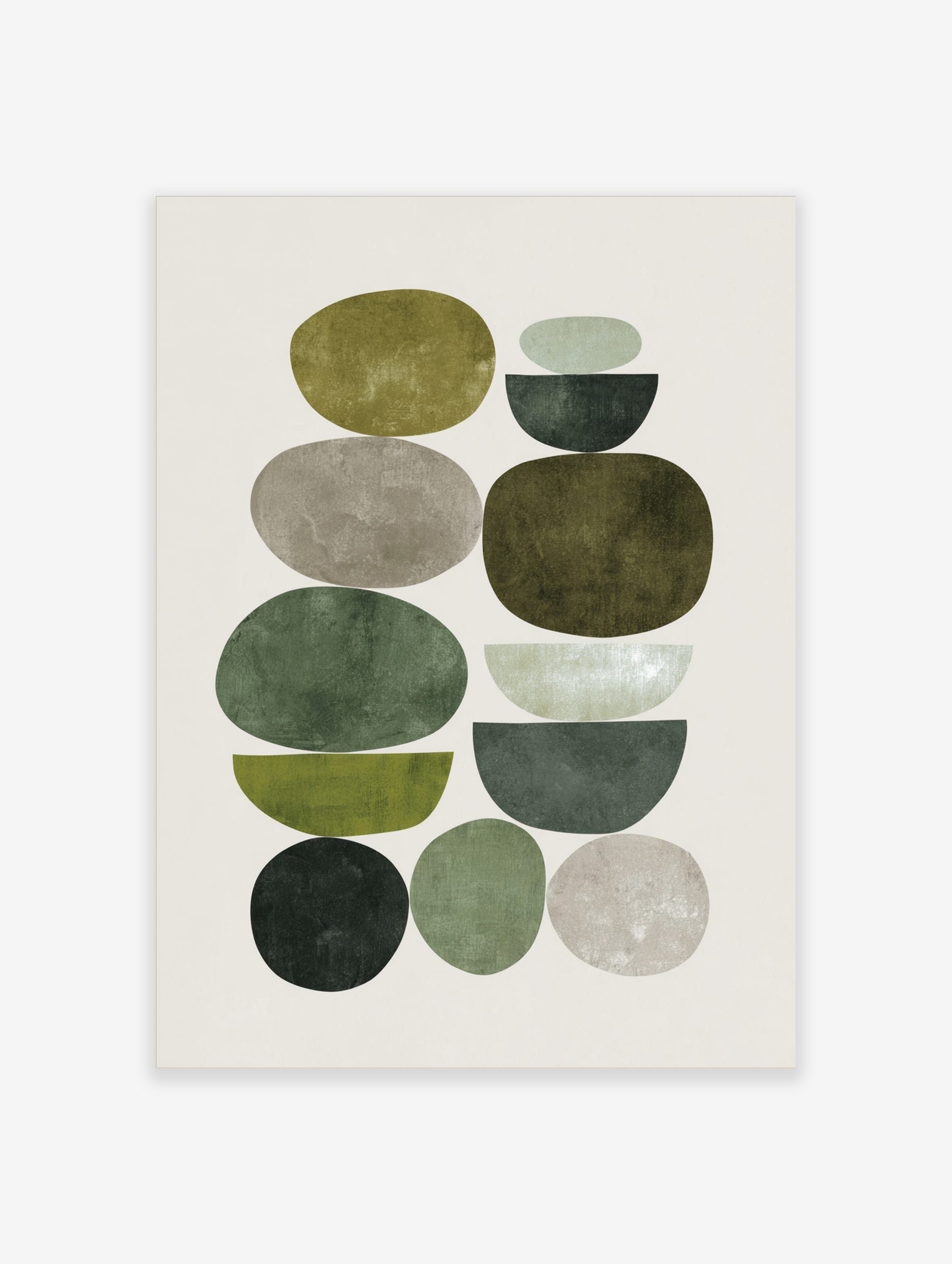 Abstract art print with stacked organic and semi-circular shapes in green and grey earth tones