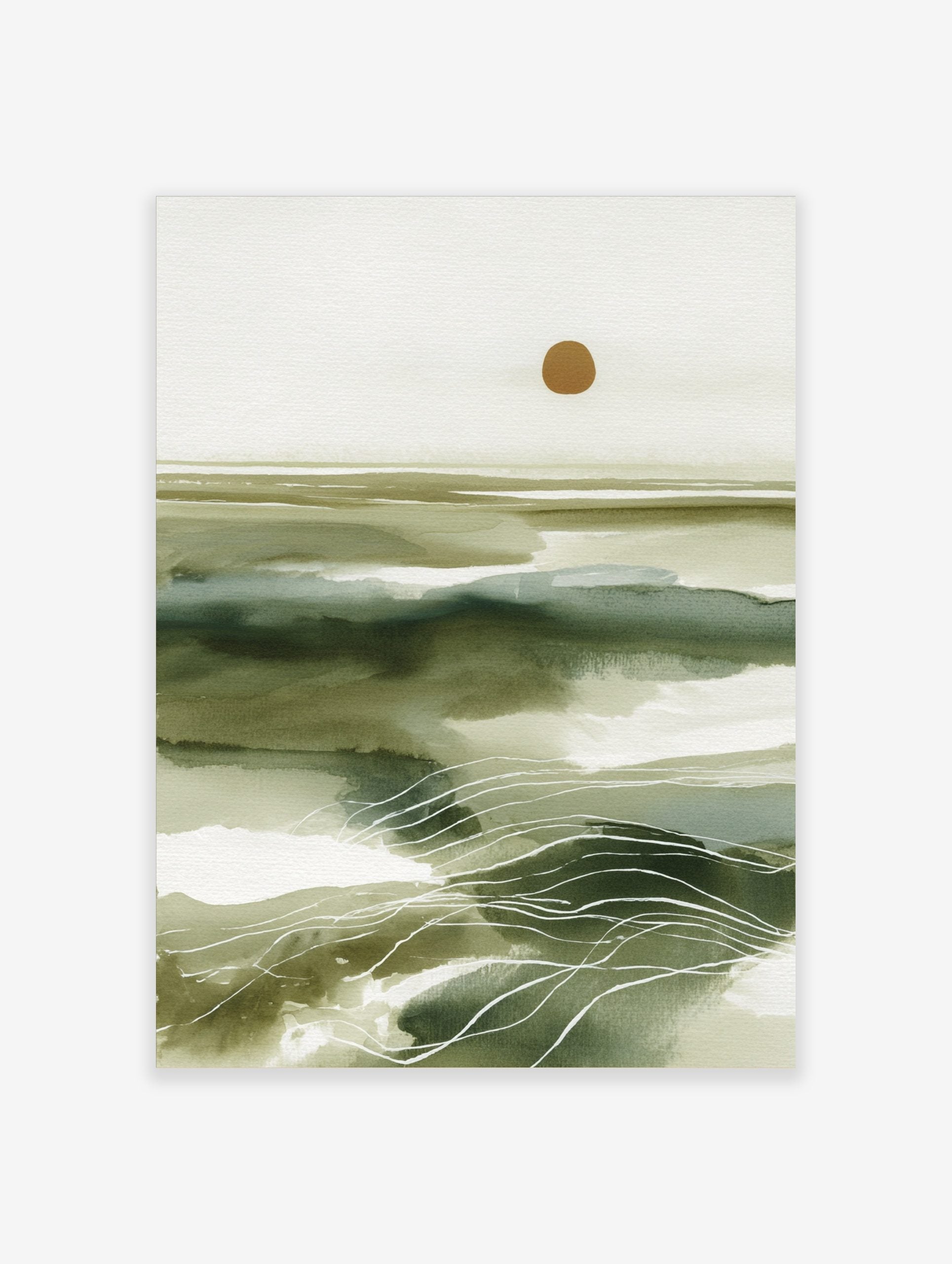 Abstract green seascape wall art with layered washes, white wavy lines, and a golden sun on textured paper