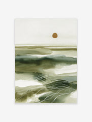 Abstract green seascape wall art with layered washes, white wavy lines, and a golden sun on textured paper
