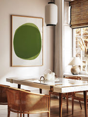 Abstract green organic shape art print with layered light and dark green on a white background, in a styled room mockup