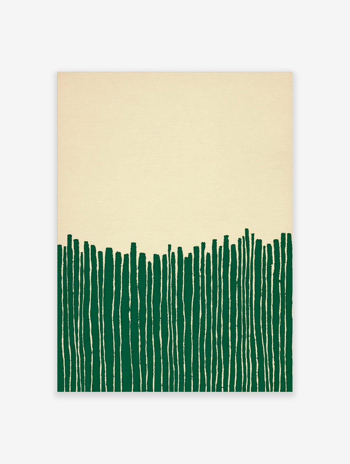 Abstract wall art print with vertical green stripes on a beige background, showing a minimalist composition