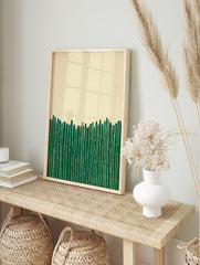 Abstract wall art print with vertical green stripes on a beige background, showing a, in an alternate framed mockup