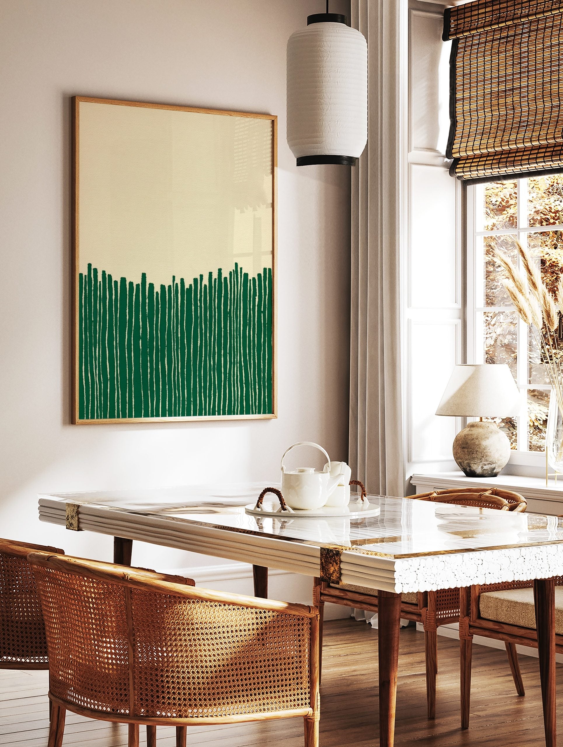 Abstract wall art print with vertical green stripes on a beige background, showing a minimalist, in a styled room mockup