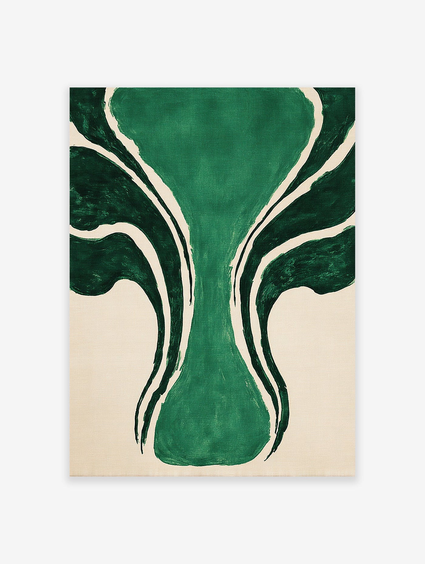 Abstract green wall art with organic, flowing dark and light green shapes on a textured beige background, unframed.