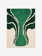 Abstract green wall art with organic, flowing dark and light green shapes on a textured beige background, unframed.