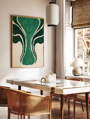 Abstract green wall art with organic, flowing dark and light green shapes on a textured beige background, unframed. - Image 2