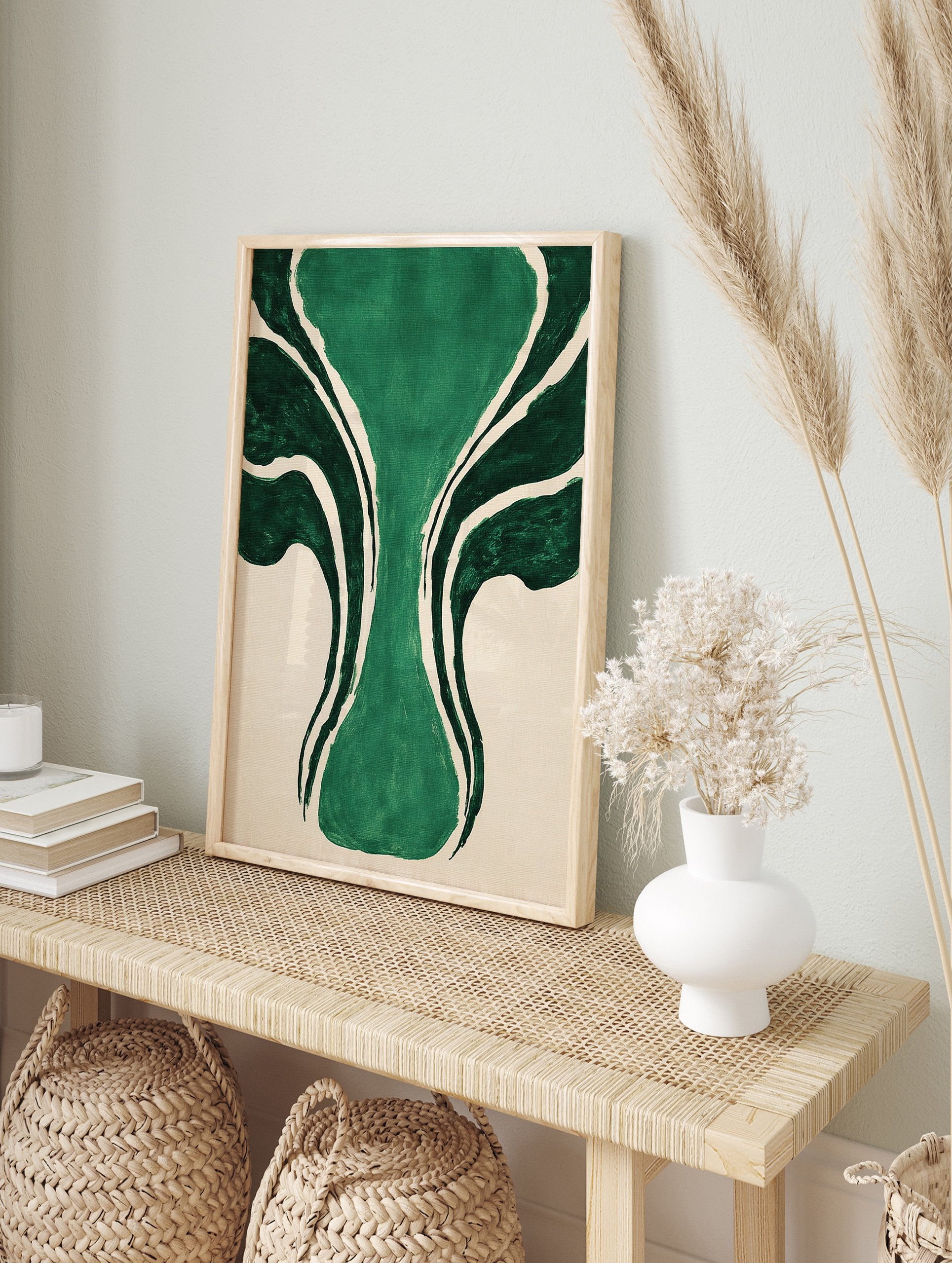 Abstract green wall art with organic, flowing dark and light green shapes on a textured beige background, unframed. - Image 3