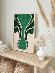 Abstract green wall art with organic, flowing dark and light green shapes on a textured beige background, unframed. - Image 3