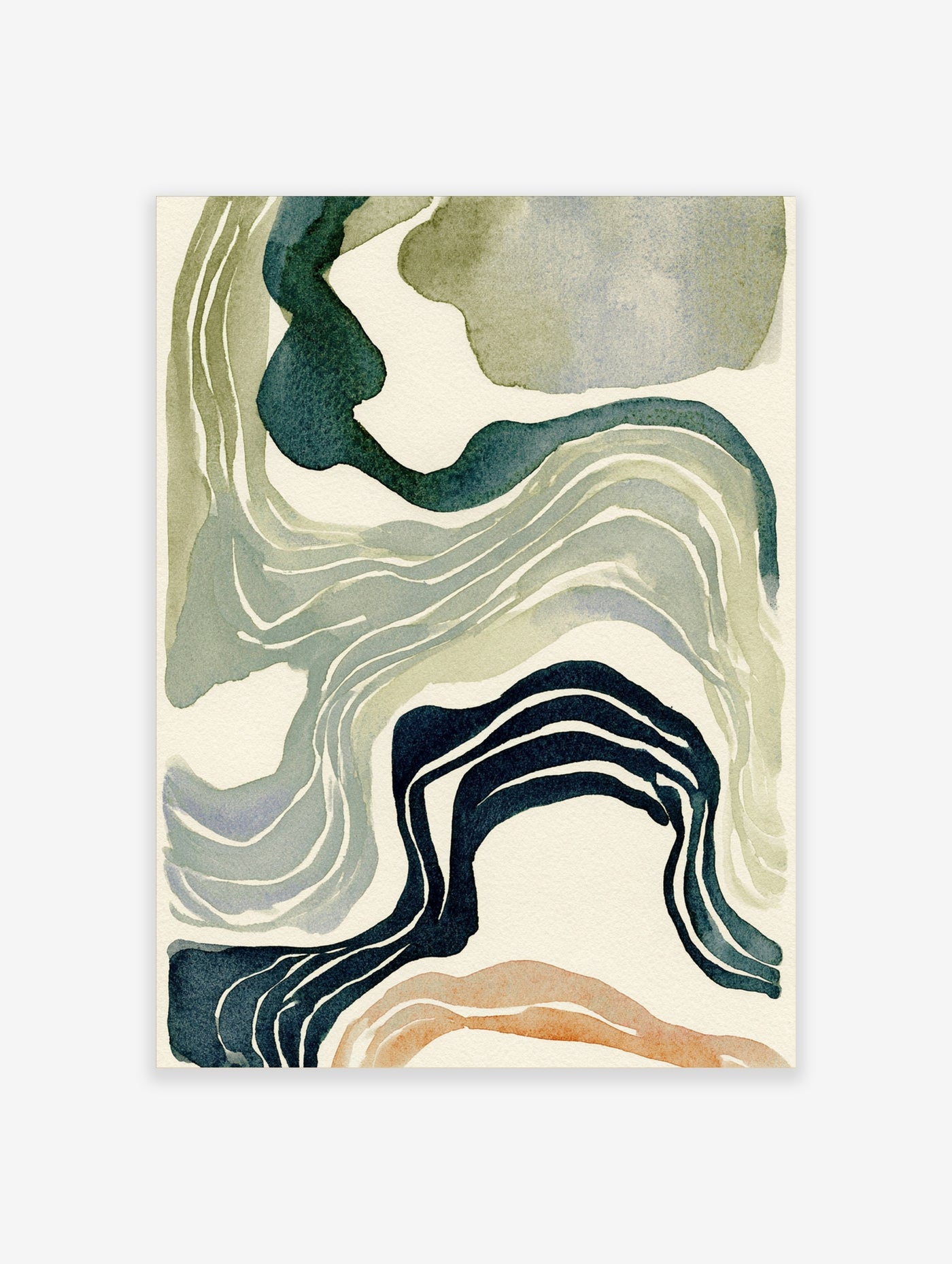 Abstract fluid wave art print with forest green, teal, and earth tones on a beige background