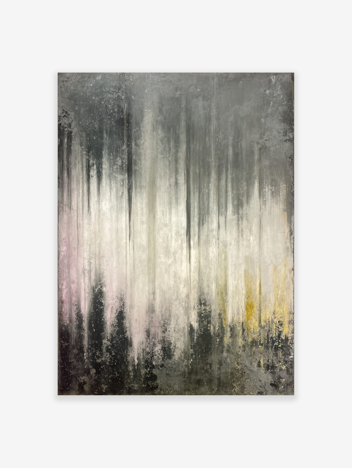 Abstract grey and white wall art with vertical dripped textures and subtle pink and yellow tones