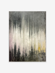 Abstract grey and white wall art with vertical dripped textures and subtle pink and yellow tones
