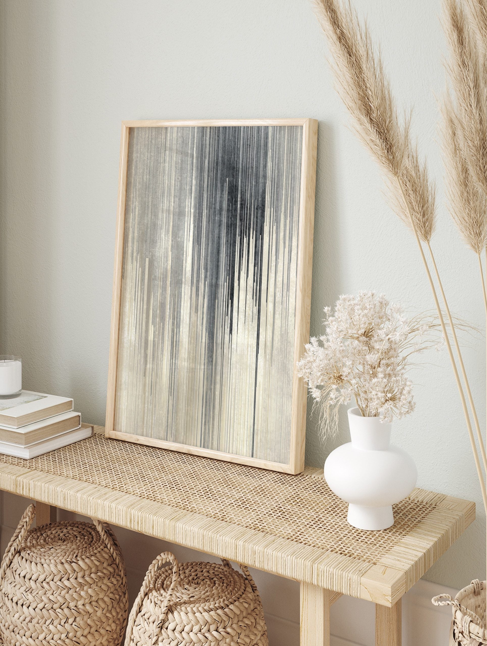 Abstract grey and black vertical lines with a drip effect on a textured off-white background, in an alternate framed mockup