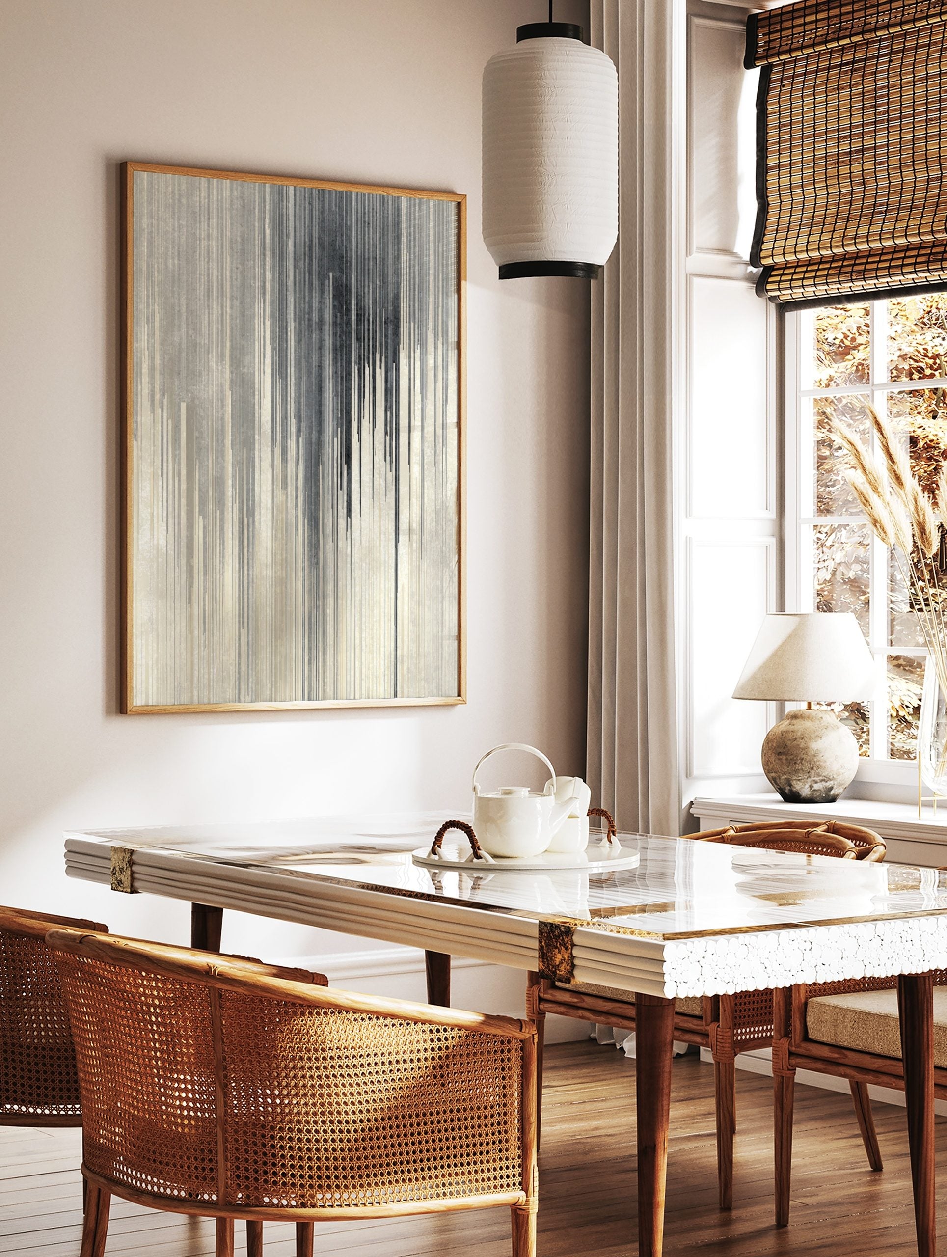 Abstract grey and black vertical lines with a drip effect on a textured off-white background, in a styled room mockup