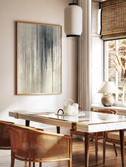 Abstract grey and black vertical lines with a drip effect on a textured off-white background, in a styled room mockup
