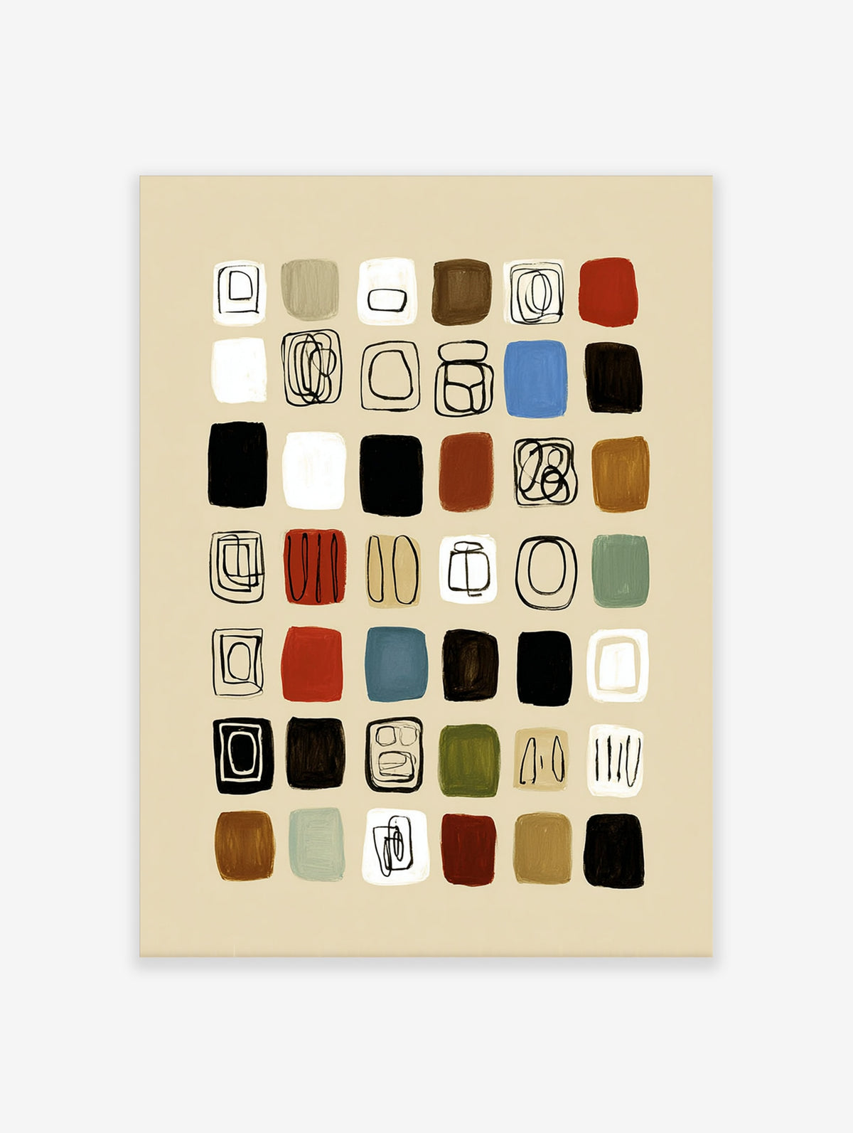 Abstract grid wall art with 42 hand-painted squares in earth tones, black, white, and red on beige background