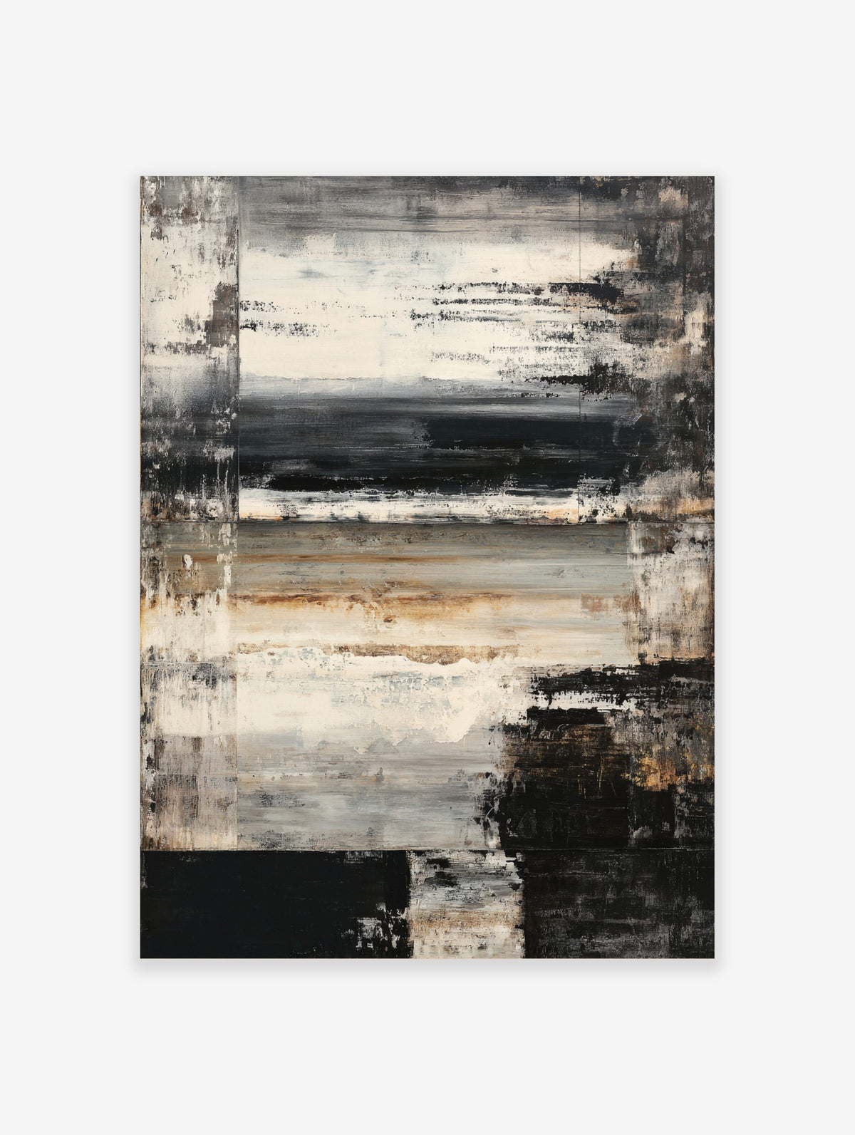 Abstract textured wall art with horizontal black, white, grey, and brown distressed layers