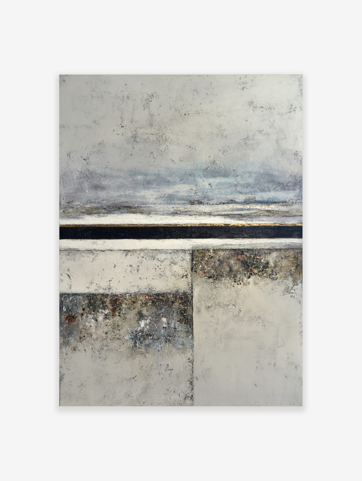 Abstract textured landscape wall art print with grey, off-white, black, and gold horizontal bands