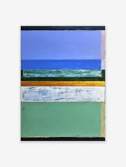 Abstract painting with horizontal bands of blue, green, gold, and white, evoking a serene landscape