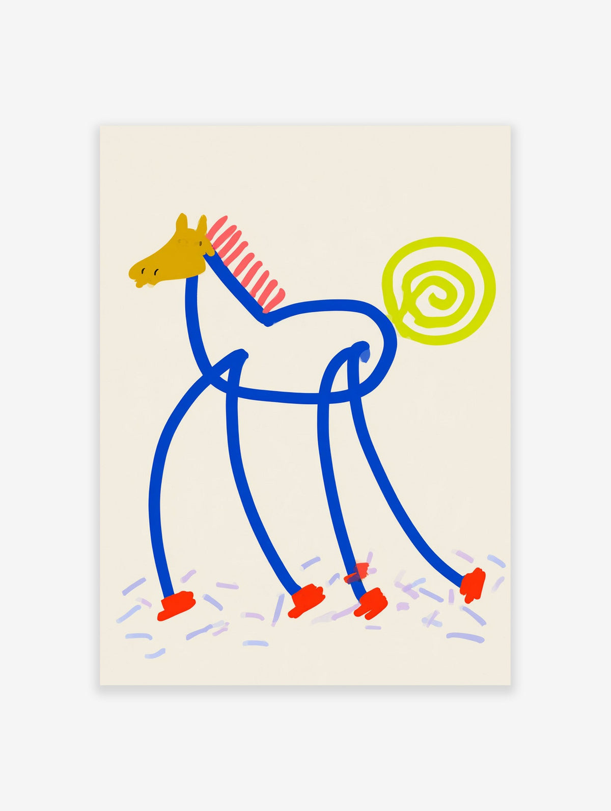 Abstract horse illustration with blue lines, pink striped mane, red hooves, and yellow spiral tail on a cream background