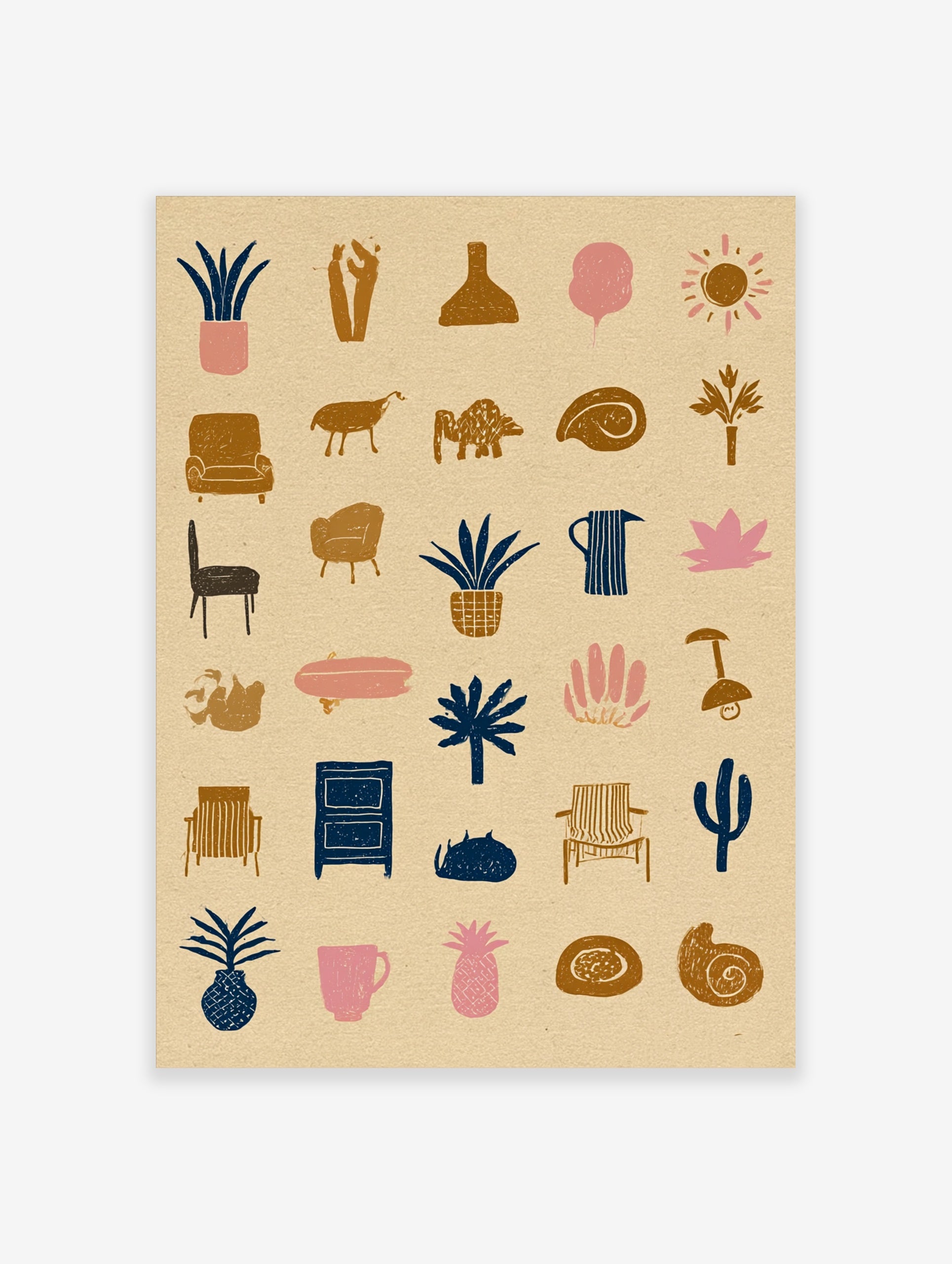 Abstract icon grid wall art featuring minimalist plant, furniture, and animal illustrations on a tan background