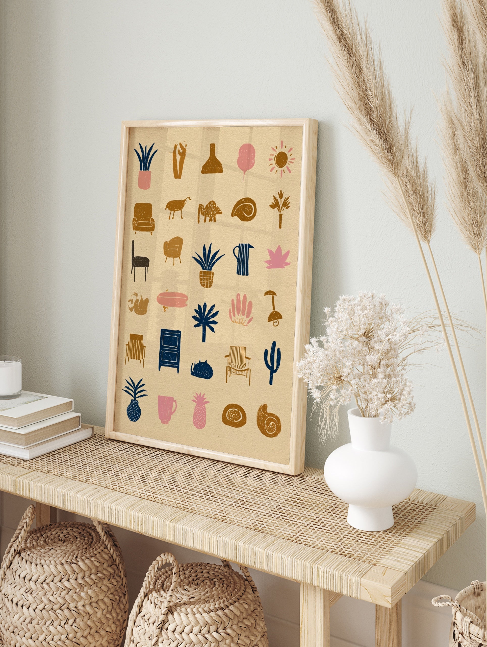 Abstract icon grid wall art featuring minimalist plant, furniture, and animal illustrations, in an alternate framed mockup