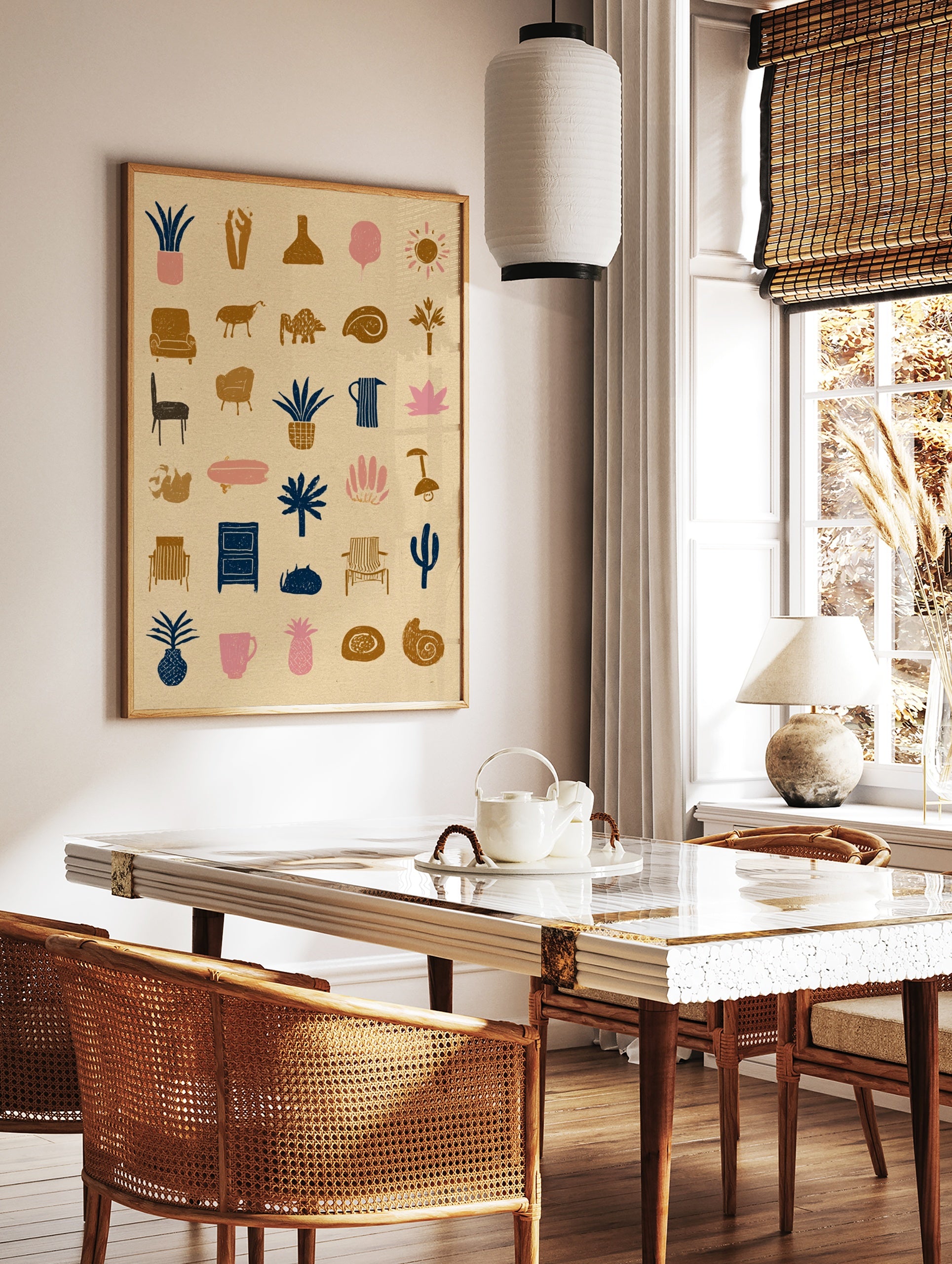 Abstract icon grid wall art featuring minimalist plant, furniture, and animal illustrations on a, in a styled room mockup
