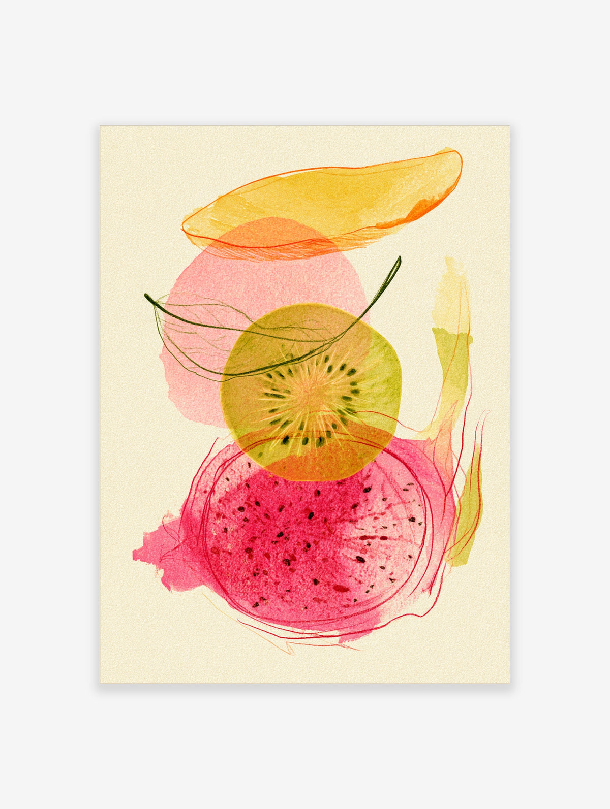 Abstract kiwi and dragon fruit art print with pink, green and yellow watercolour shapes
