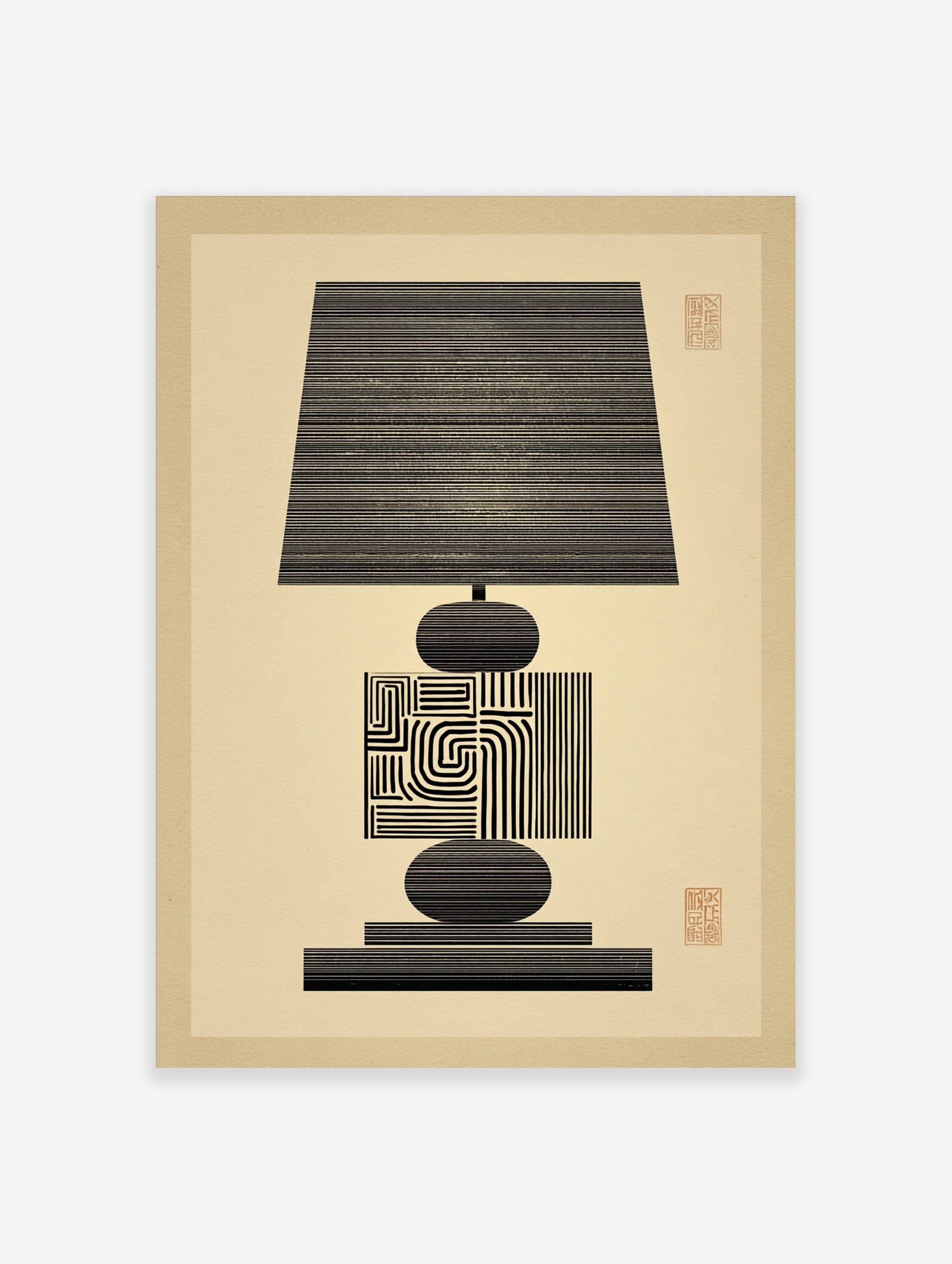 Abstract black line art illustration of a lamp with geometric patterns on a cream background, portrait orientation