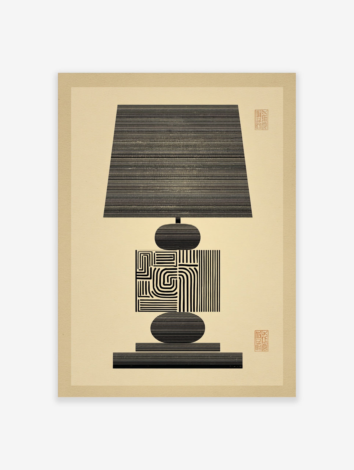 Abstract black line art illustration of a lamp with geometric patterns on a cream background, portrait orientation