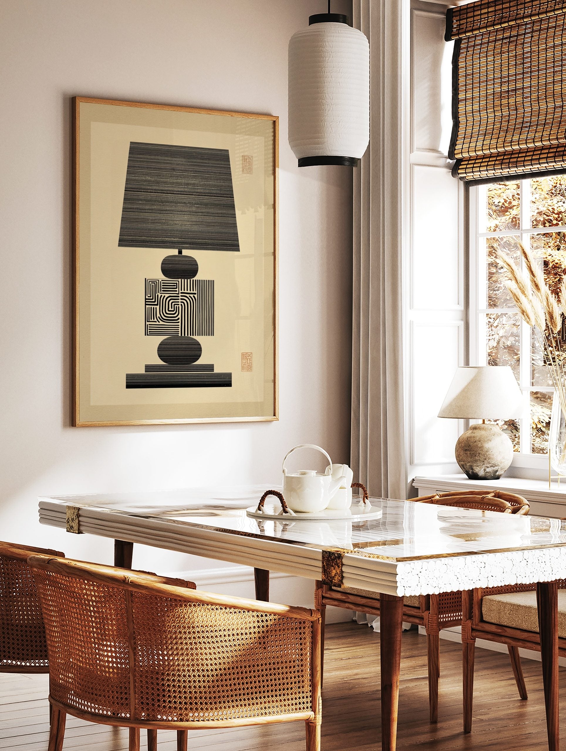 Abstract black line art illustration of a lamp with geometric patterns on a cream background, in a styled room mockup