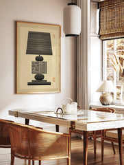 Abstract black line art illustration of a lamp with geometric patterns on a cream background, in a styled room mockup