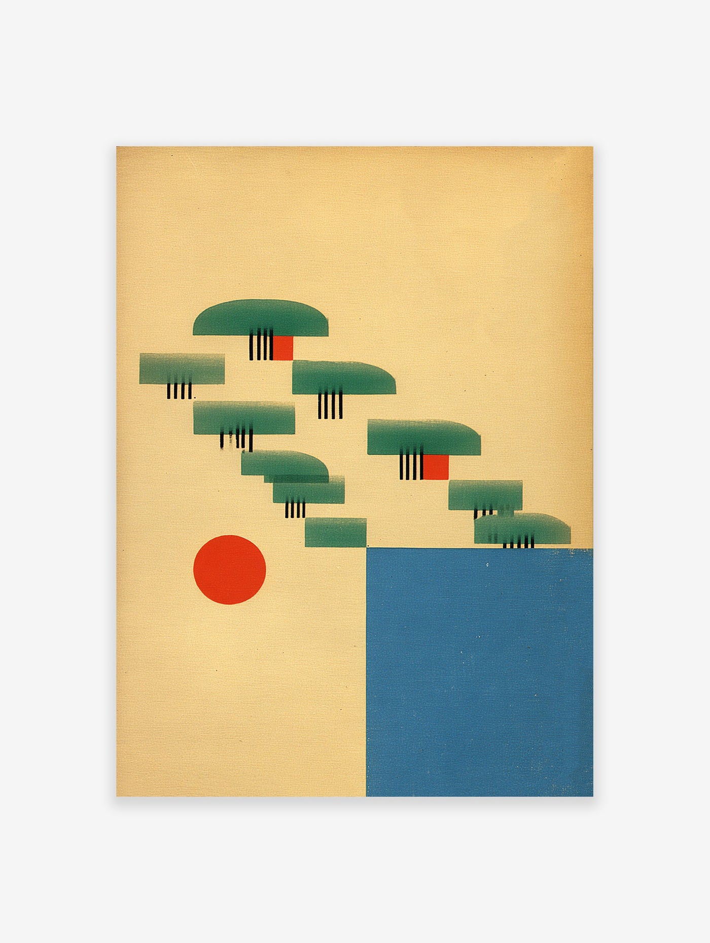 Abstract landscape art print with green geometric shapes, red sun, and blue water on a warm beige background.
