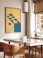 Abstract landscape art print with green geometric shapes, red sun, and blue water on a warm beige background. - Image 2