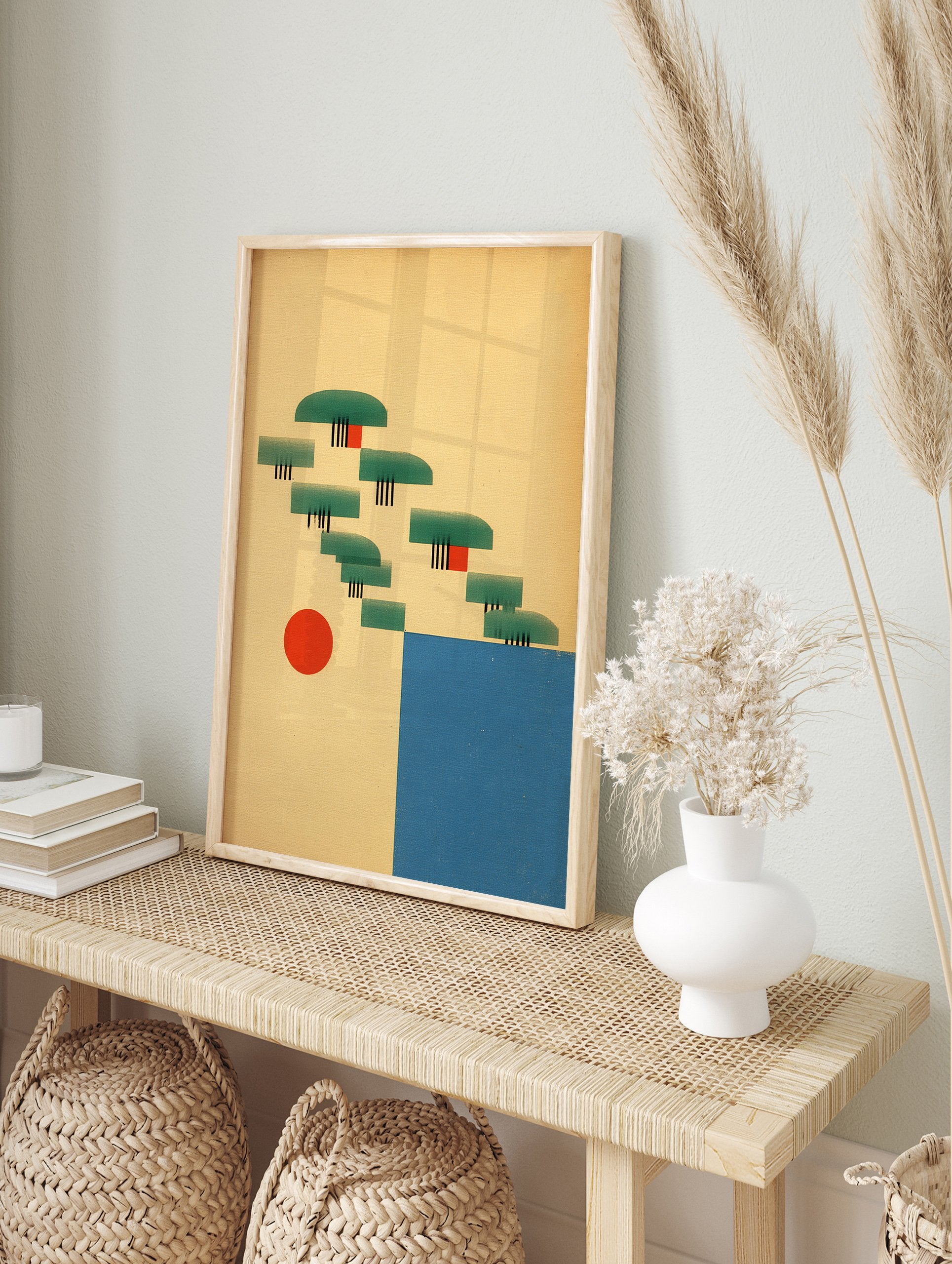 Abstract landscape art print with green geometric shapes, red sun, and blue water on a warm beige background. - Image 3