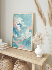 Abstract landscape painting with pink and white clouds over blue mountains, accented with gold lines on a light blue background. - Image 3