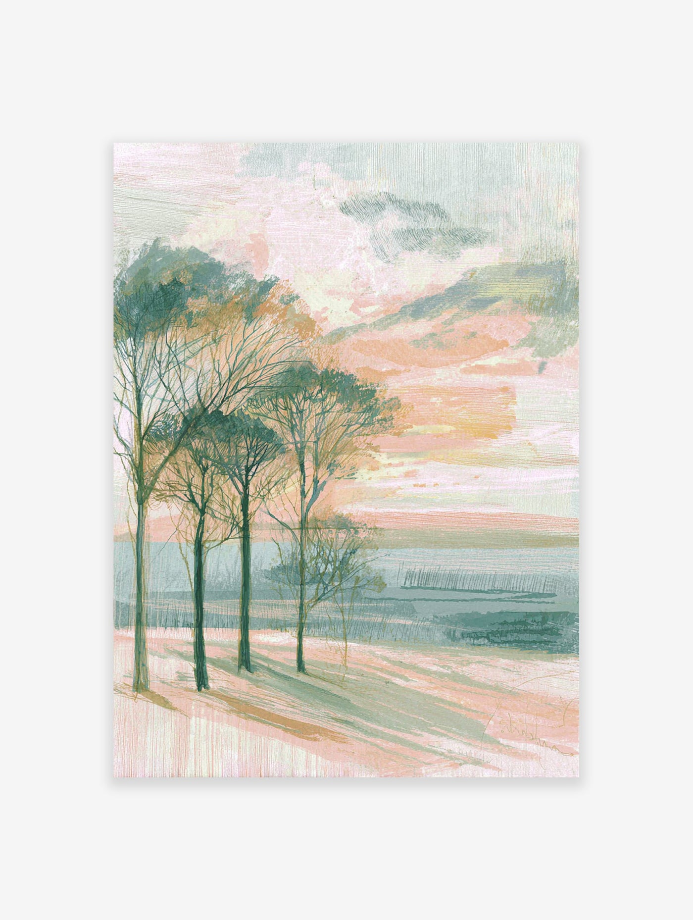 Abstract landscape painting with bare trees in foreground, pastel pink and green sky, and soft horizon line.