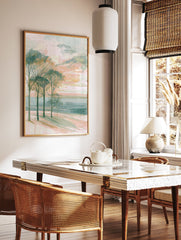 Abstract landscape painting with bare trees in foreground, pastel pink and green sky, and soft horizon line. - Image 2
