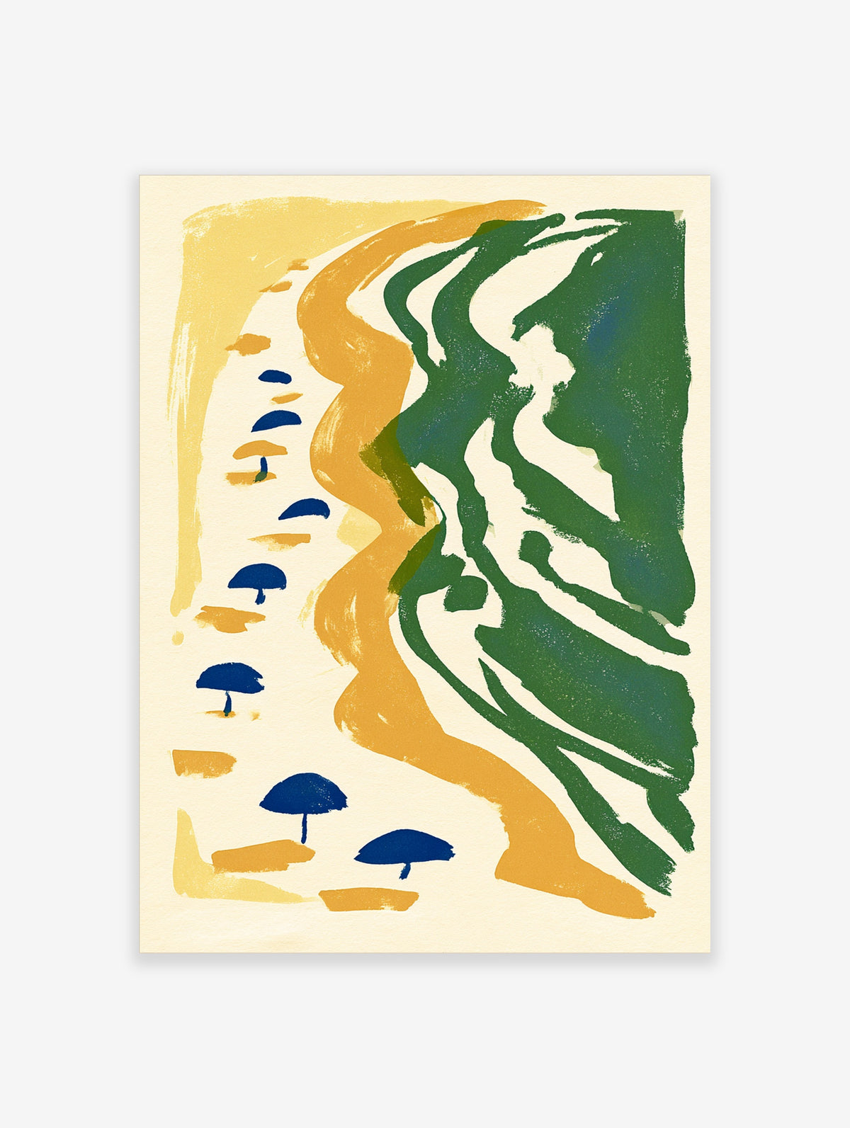 Abstract landscape poster with blue umbrellas, golden yellow path, and dark green wave shapes on cream background