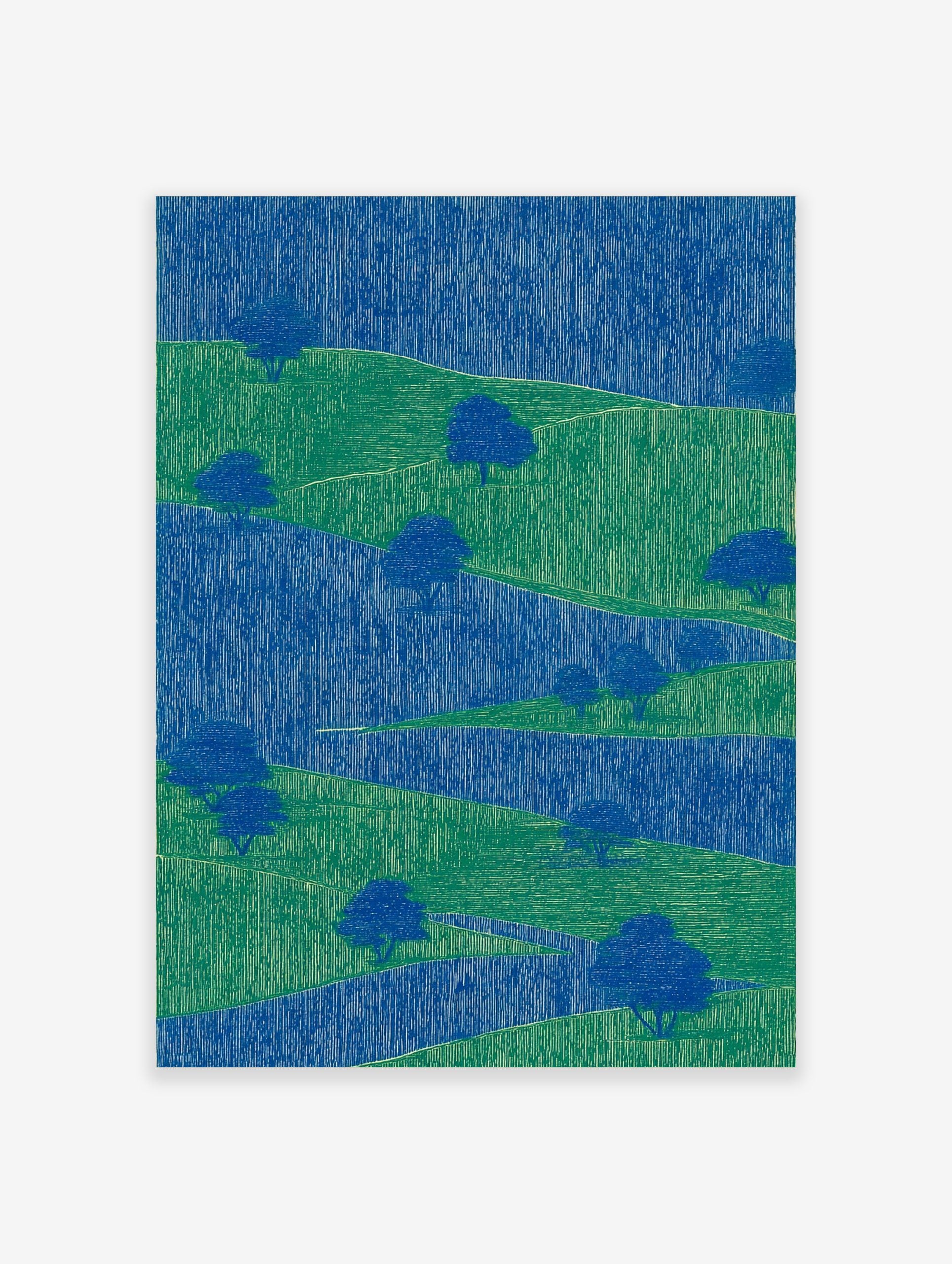 Abstract landscape art print with layered blue and green hills, stylised trees, and vertical line textures