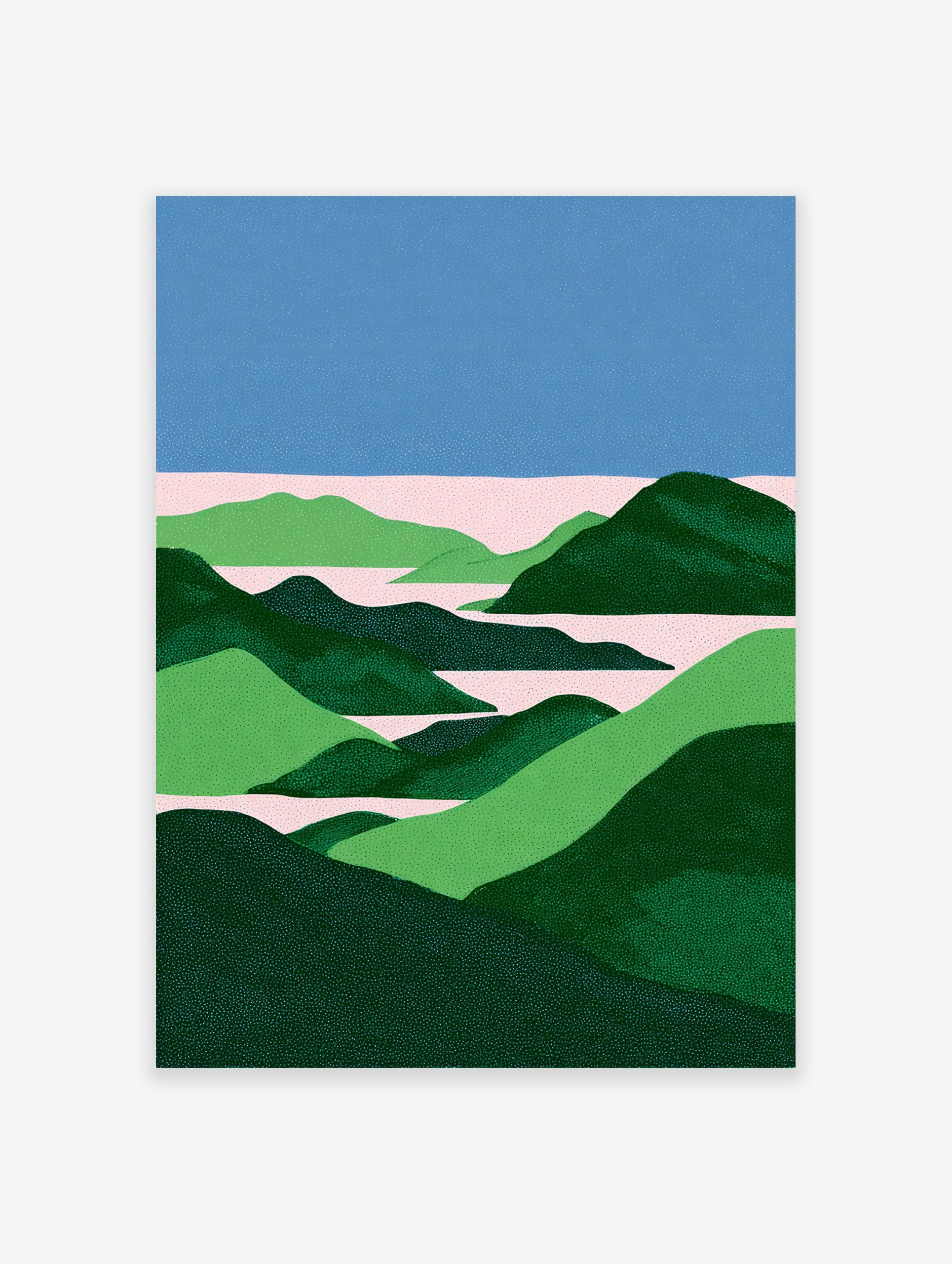 Abstract landscape wall art print with blue sky, pink water, and green rolling hills in a stippled, minimalist style.
