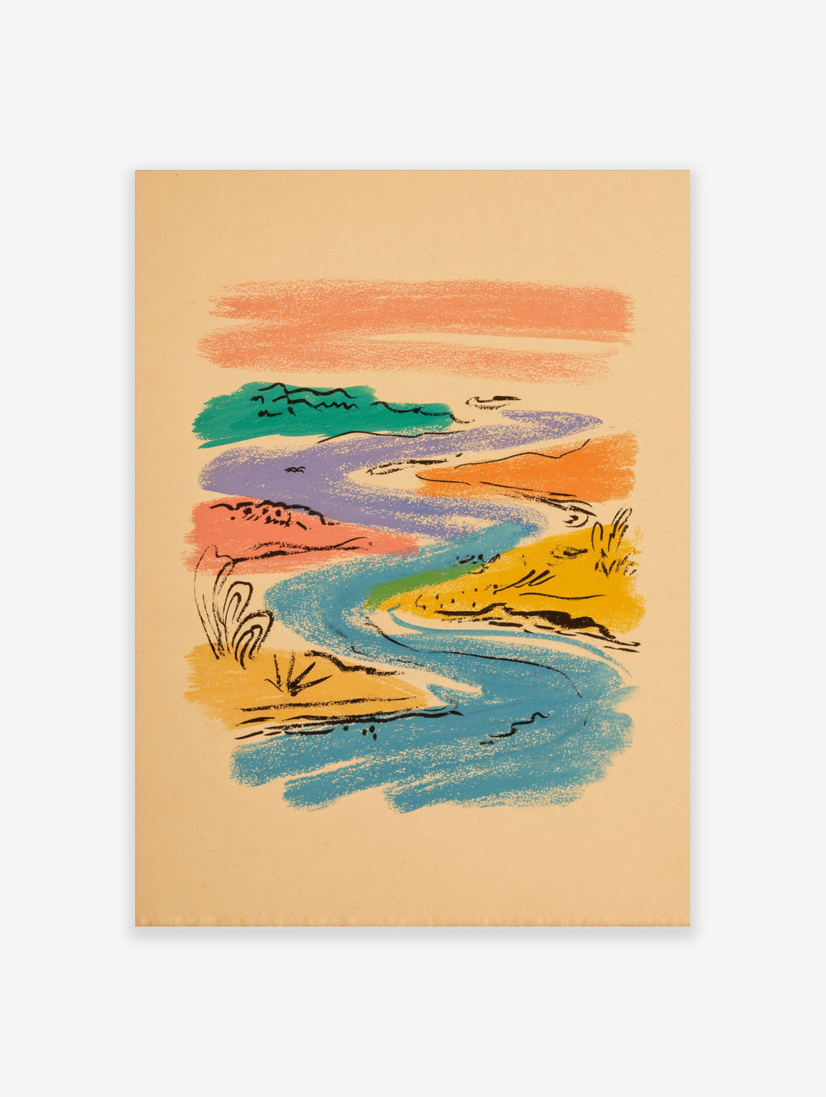 Abstract landscape art print with blue river, orange sky, green and yellow land, black sketchy lines